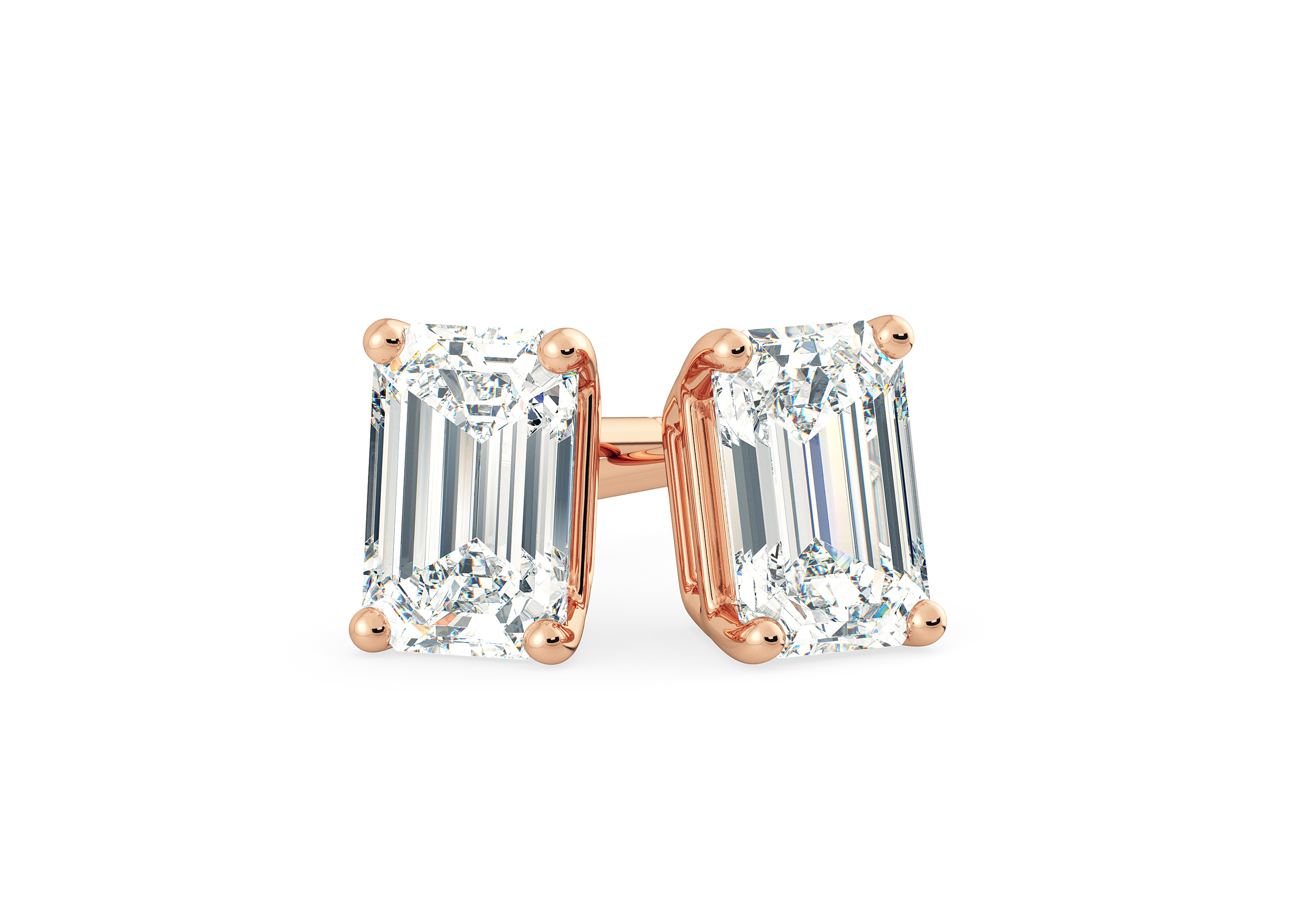 Two Carat Emerald Diamond Stud Earrings in 18K Rose Gold