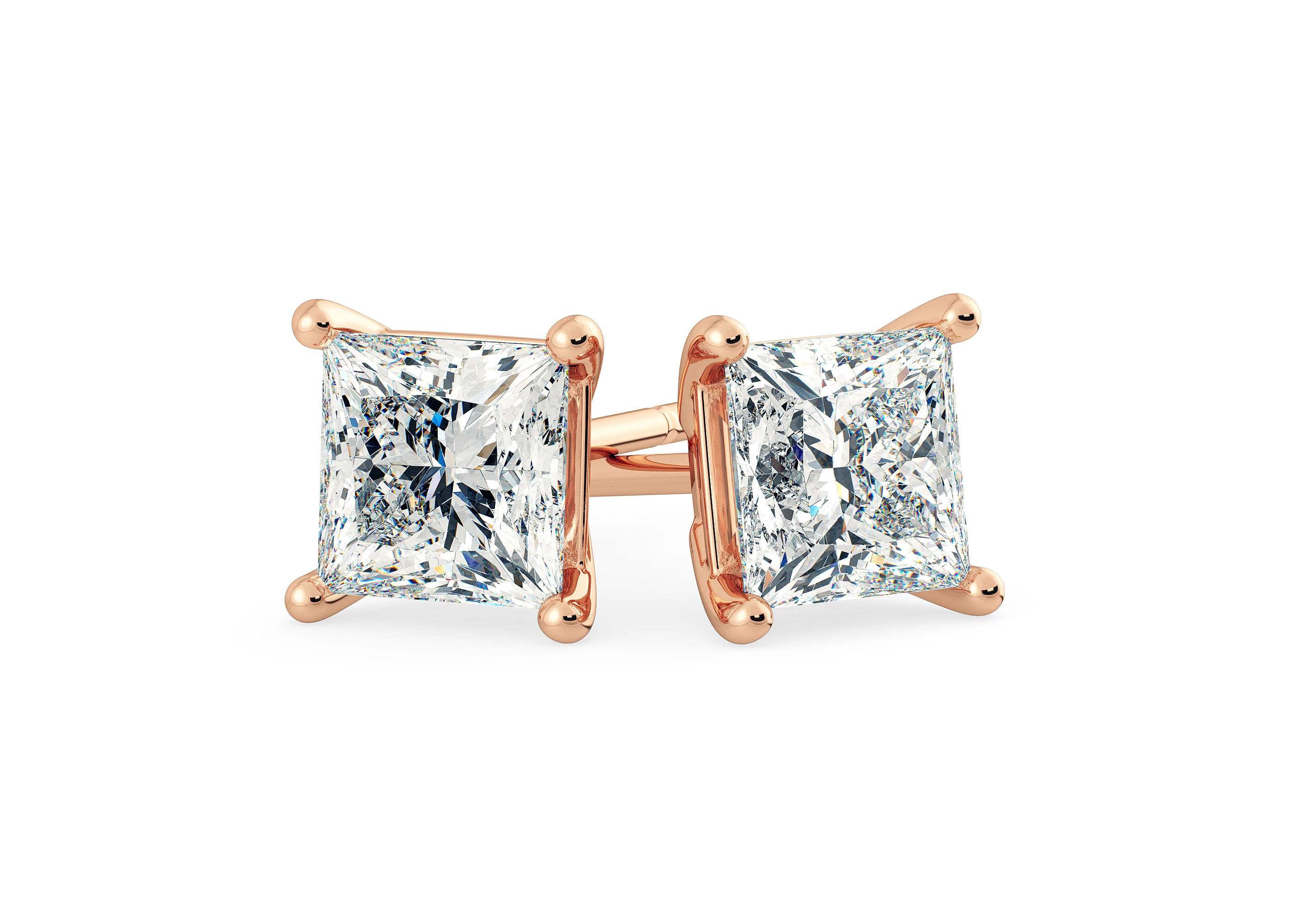 Two Carat Princess Diamond Stud Earrings in 18K Rose Gold