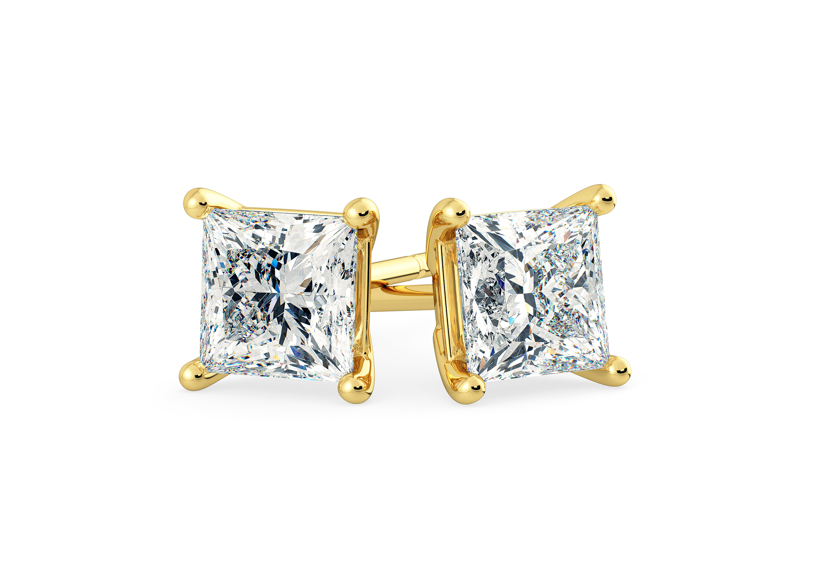 Two Carat Princess Diamond Stud Earrings in 18K Yellow Gold