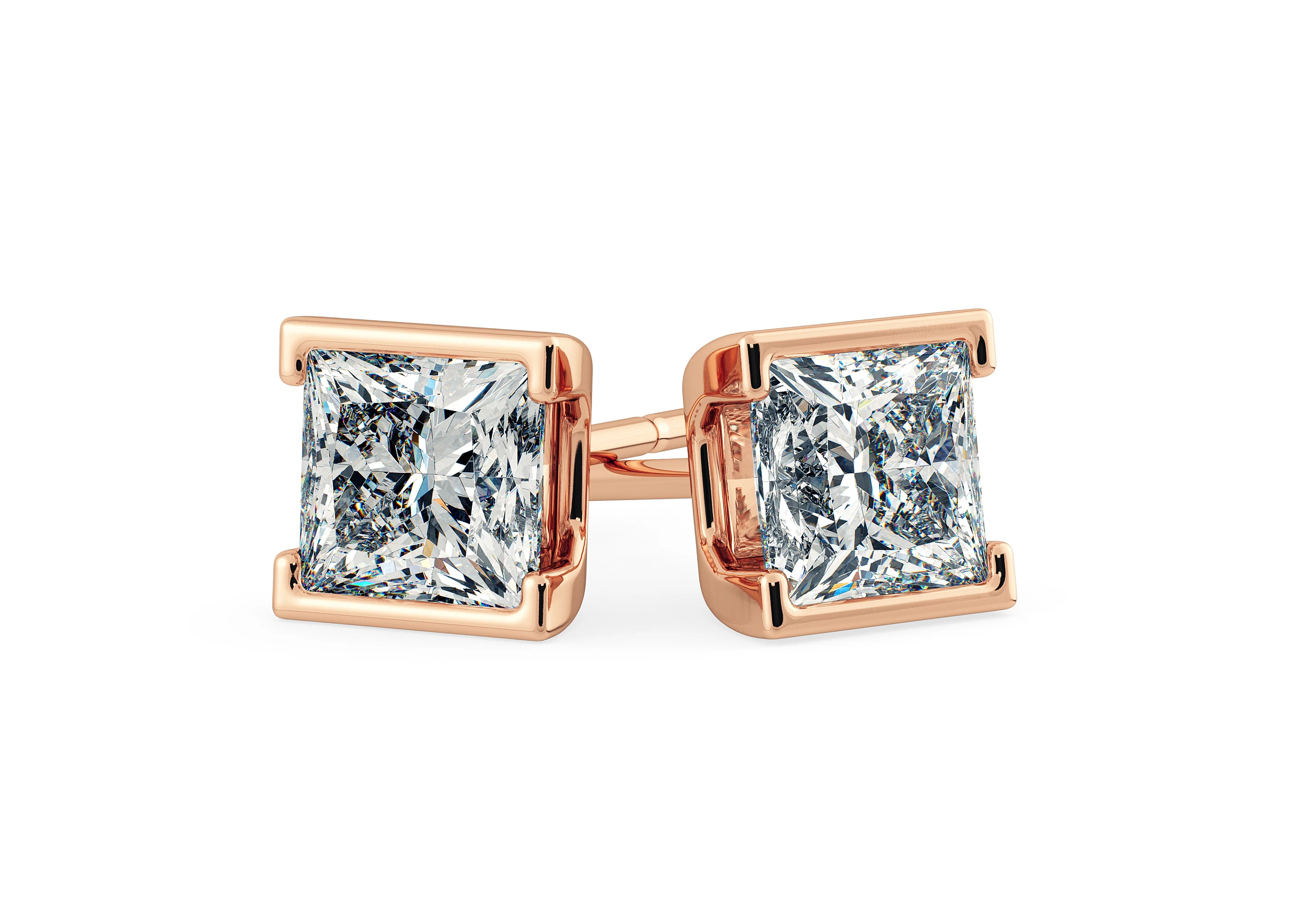 Alvera Princess Diamond Stud Earrings in 18K Rose Gold with Alpha Backs