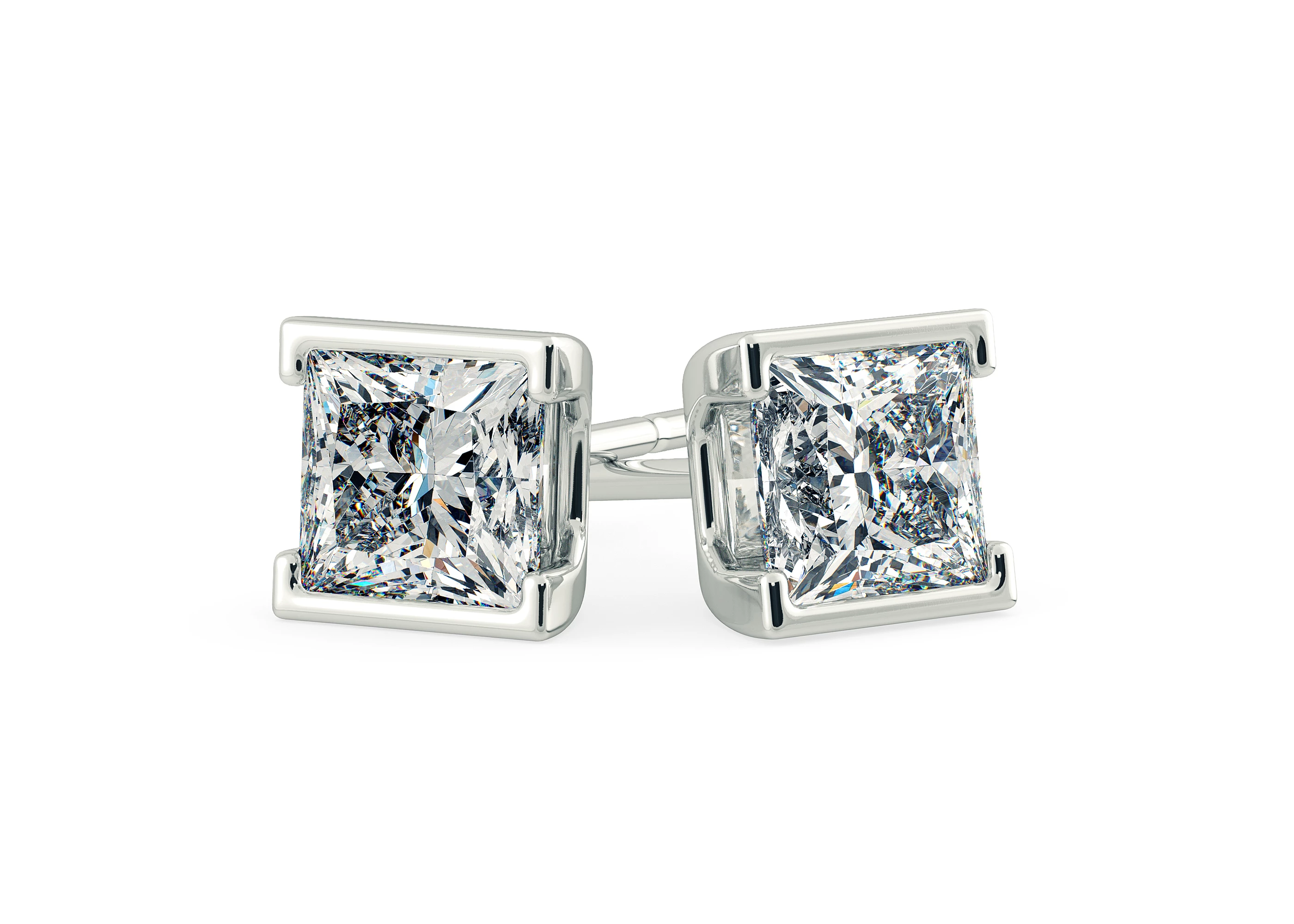 Alvera Princess Diamond Stud Earrings in Platinum with Alpha Backs