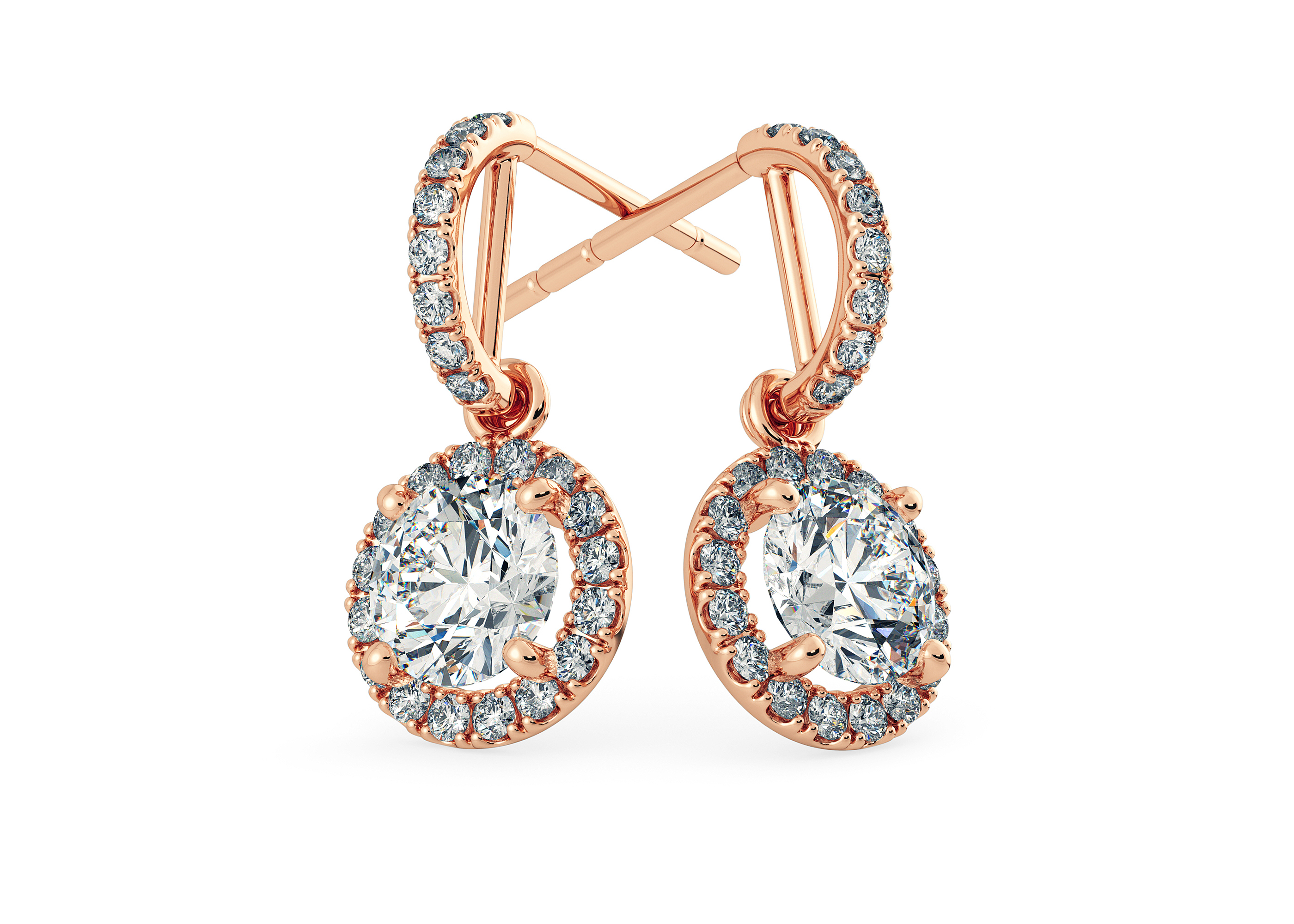 Bijou Round Brilliant Diamond Drop Earrings in 18K Rose Gold with Butterfly Backs