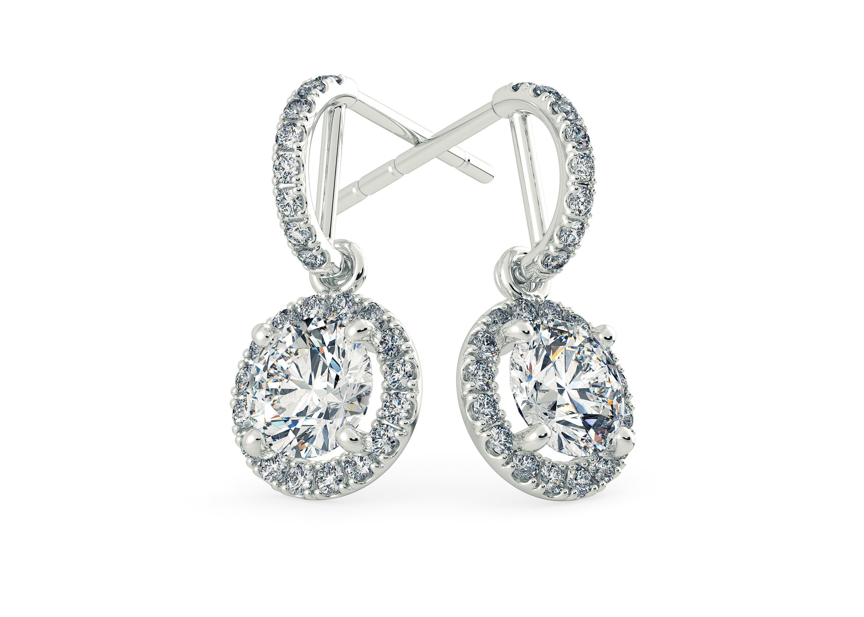 Bijou Round Brilliant Diamond Drop Earrings in Platinum with Alpha Backs