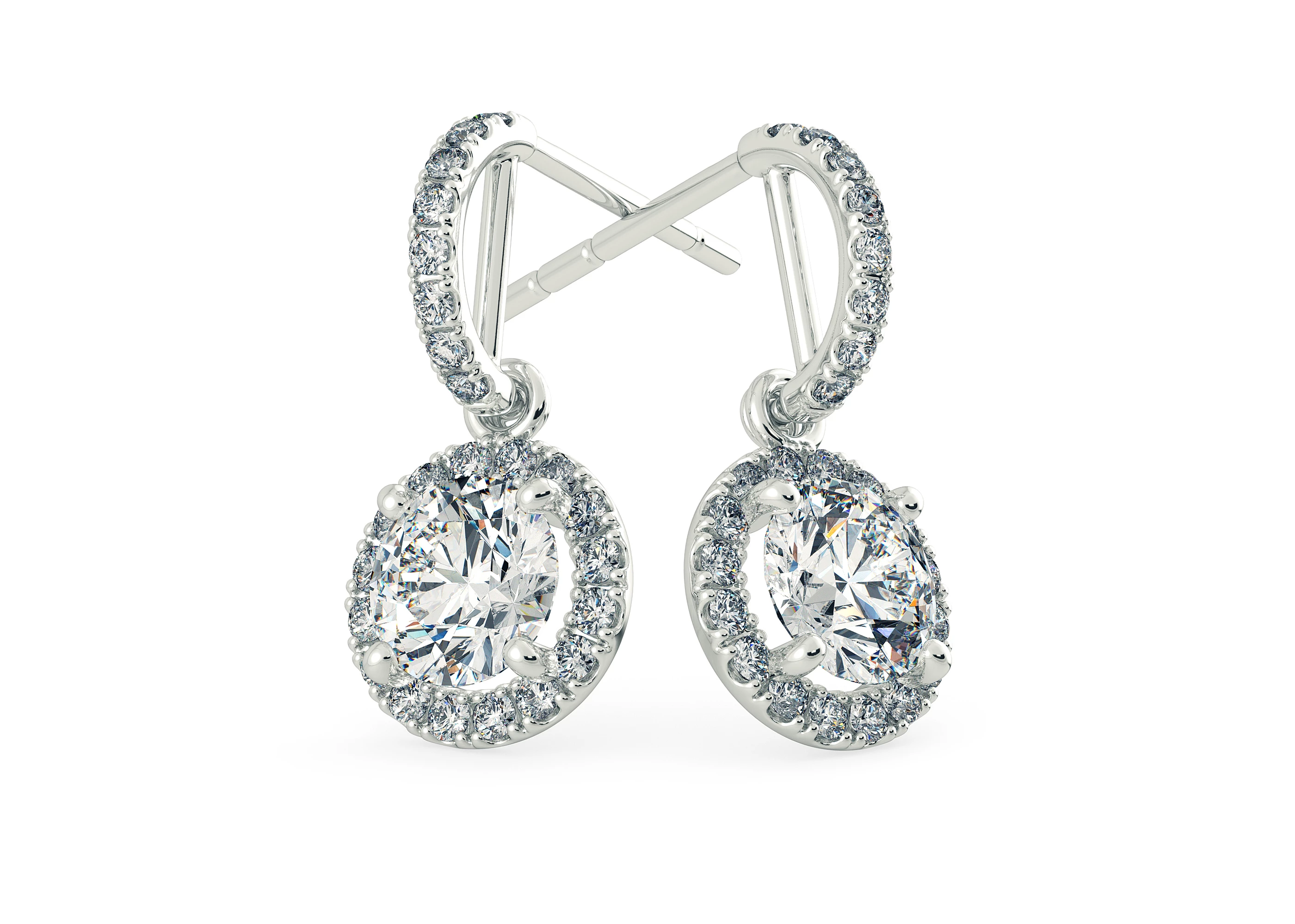 Bijou Round Brilliant Diamond Drop Earrings in 18K White Gold with Screw Backs