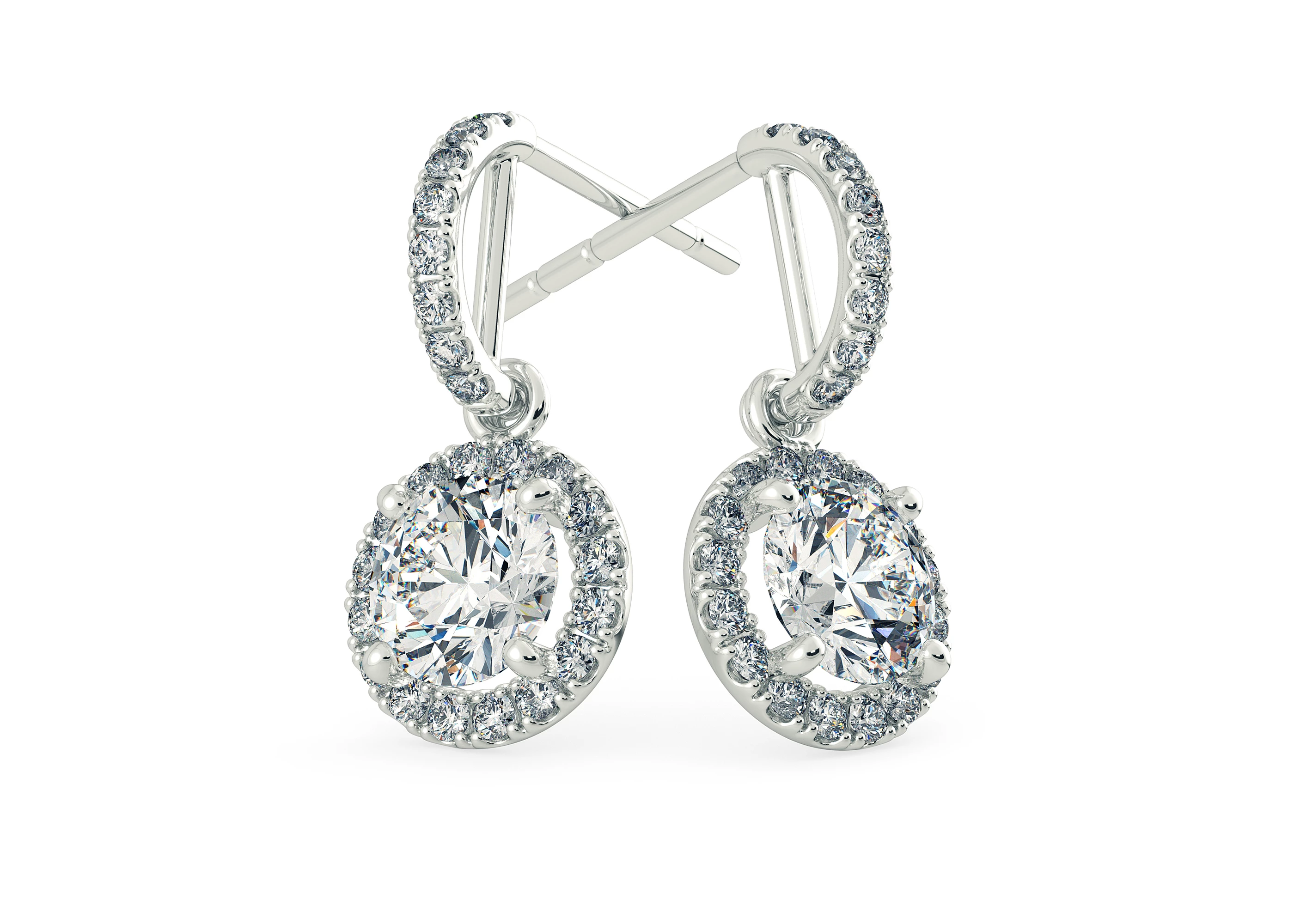 Bijou Round Brilliant Diamond Drop Earrings in 18K White Gold with Alpha Backs