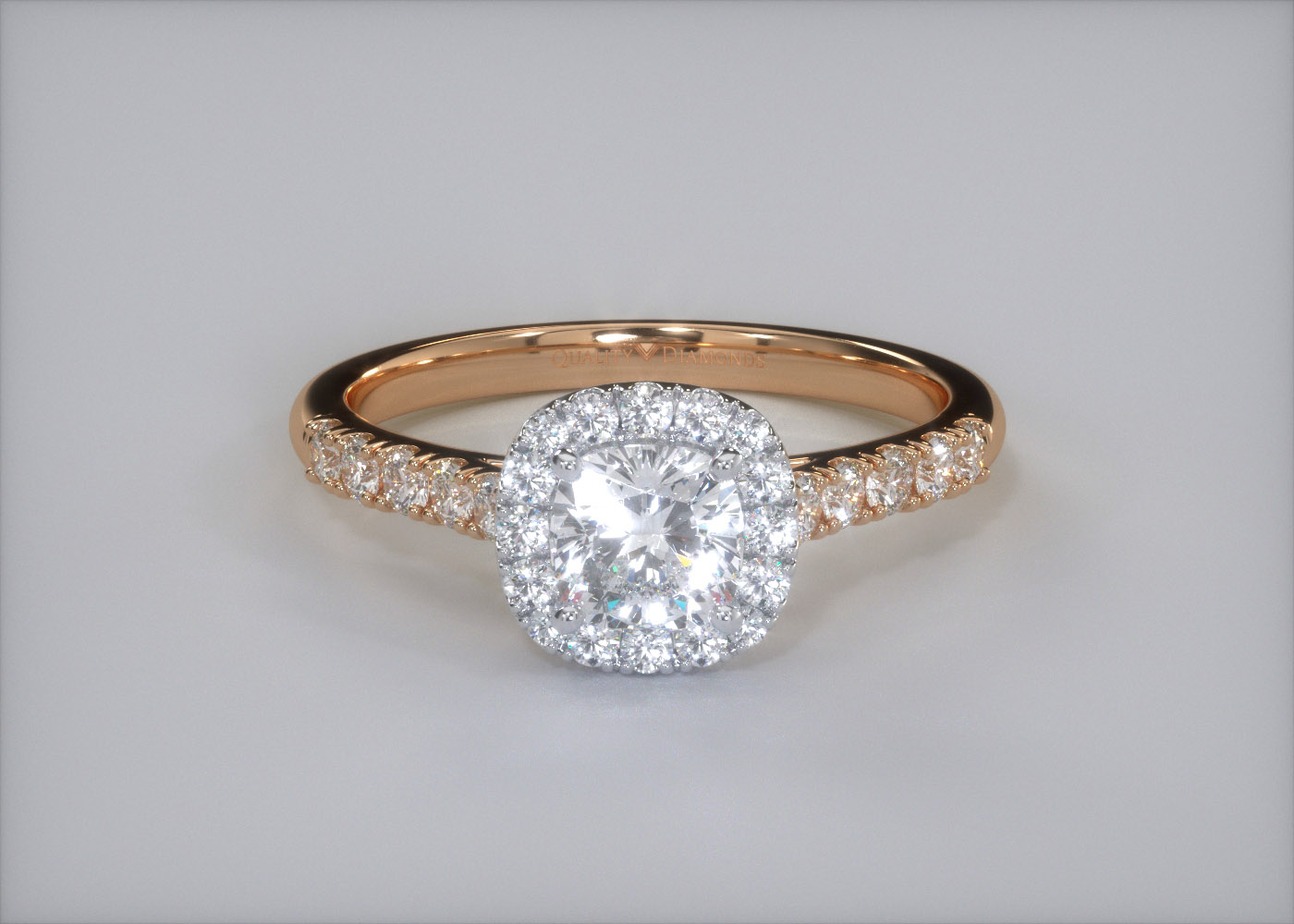 Two Carat Lab Grown Cushion Halo Diamond Ring in 18K Rose Gold 360 image