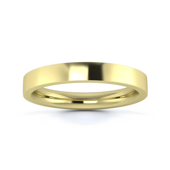9K Yellow Gold 3mm Heavy Weight Flat Court Flat Edge Wedding Ring