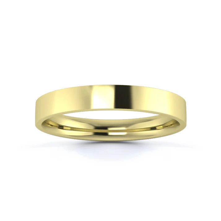 9K Yellow Gold 3mm Light Weight Flat Court Flat Edge Wedding Ring