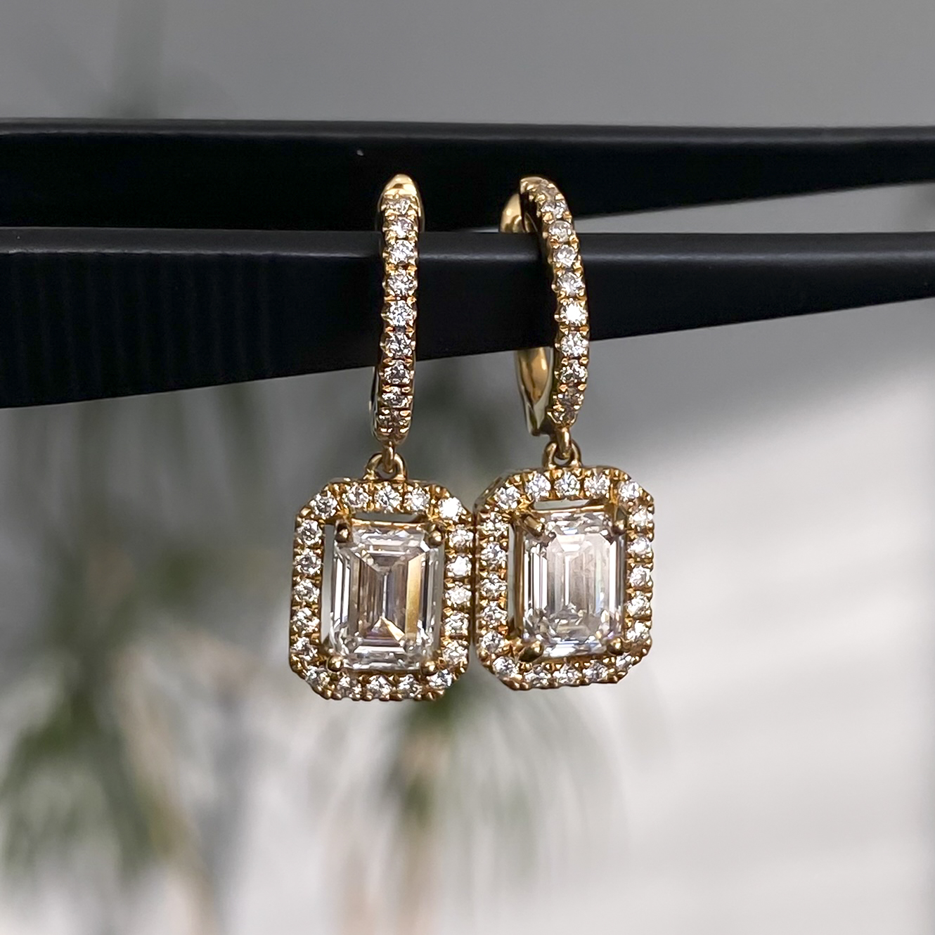 1.81ct Lab Grown Emerald Diamond Halo Drop Earrings in 18K Yellow Gold