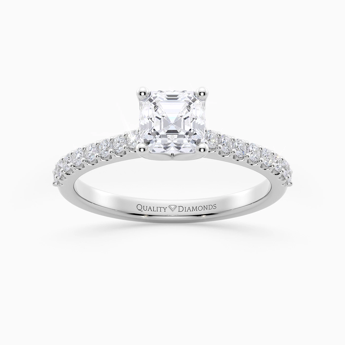 Asscher Diamond Set Amorette Diamond Ring in 18K White Gold