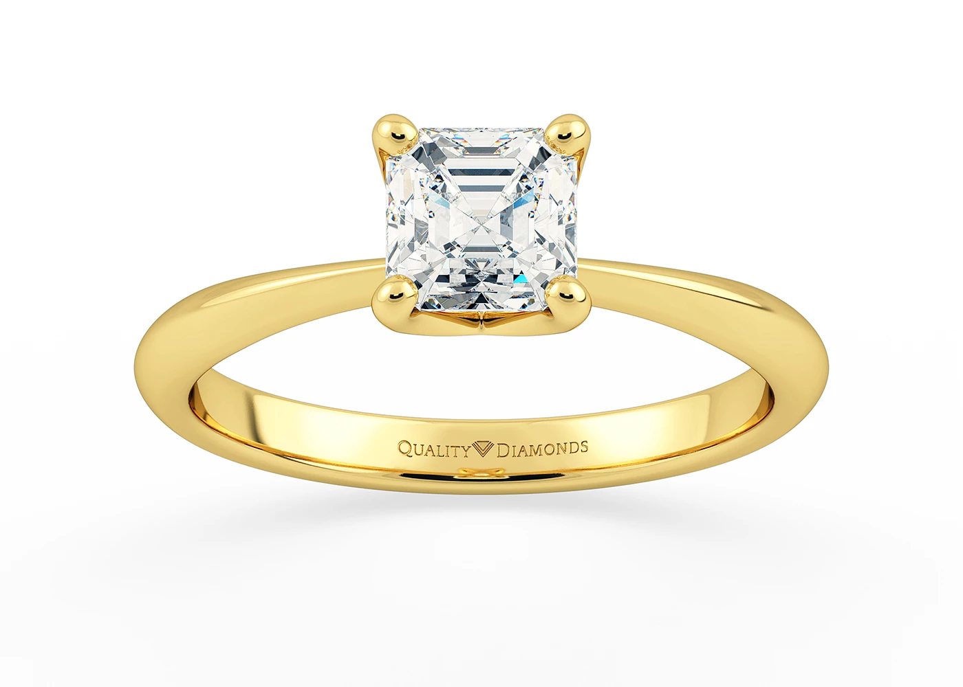 Two Carat Lab Grown Asscher Solitaire Diamond Engagement Ring in 18K Yellow Gold
