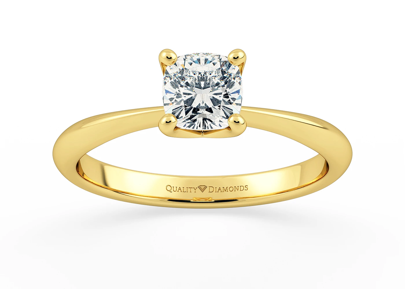 Two Carat Cushion Solitaire Diamond Engagement Ring in 18K Yellow Gold
