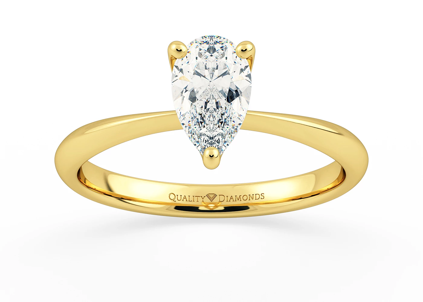 Two Carat Lab Grown Pear Solitaire Diamond Engagement Ring in 18K Yellow Gold