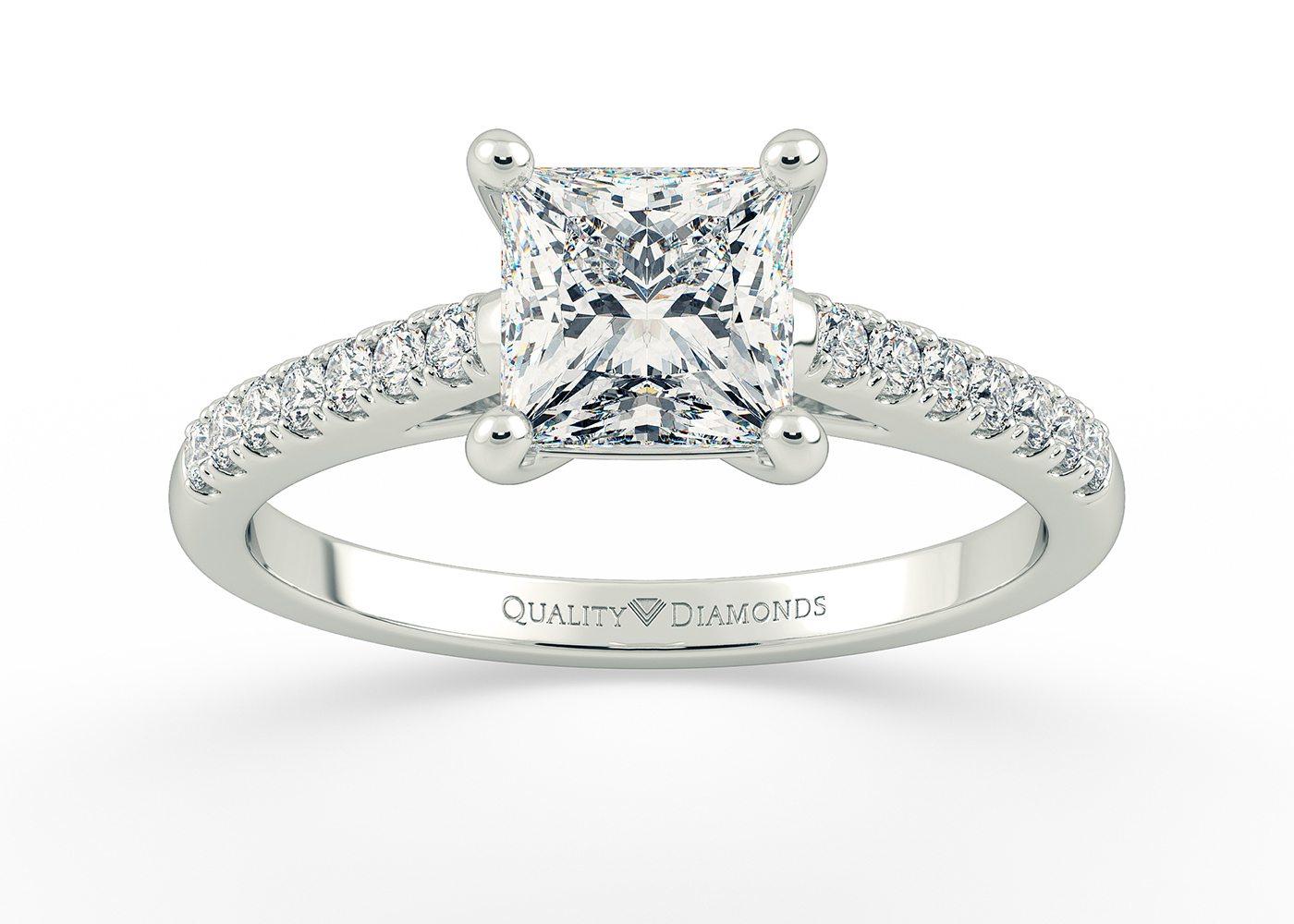 Two Carat Lab Grown Princess Diamond Set Diamond Engagement Ring in 18K White Gold