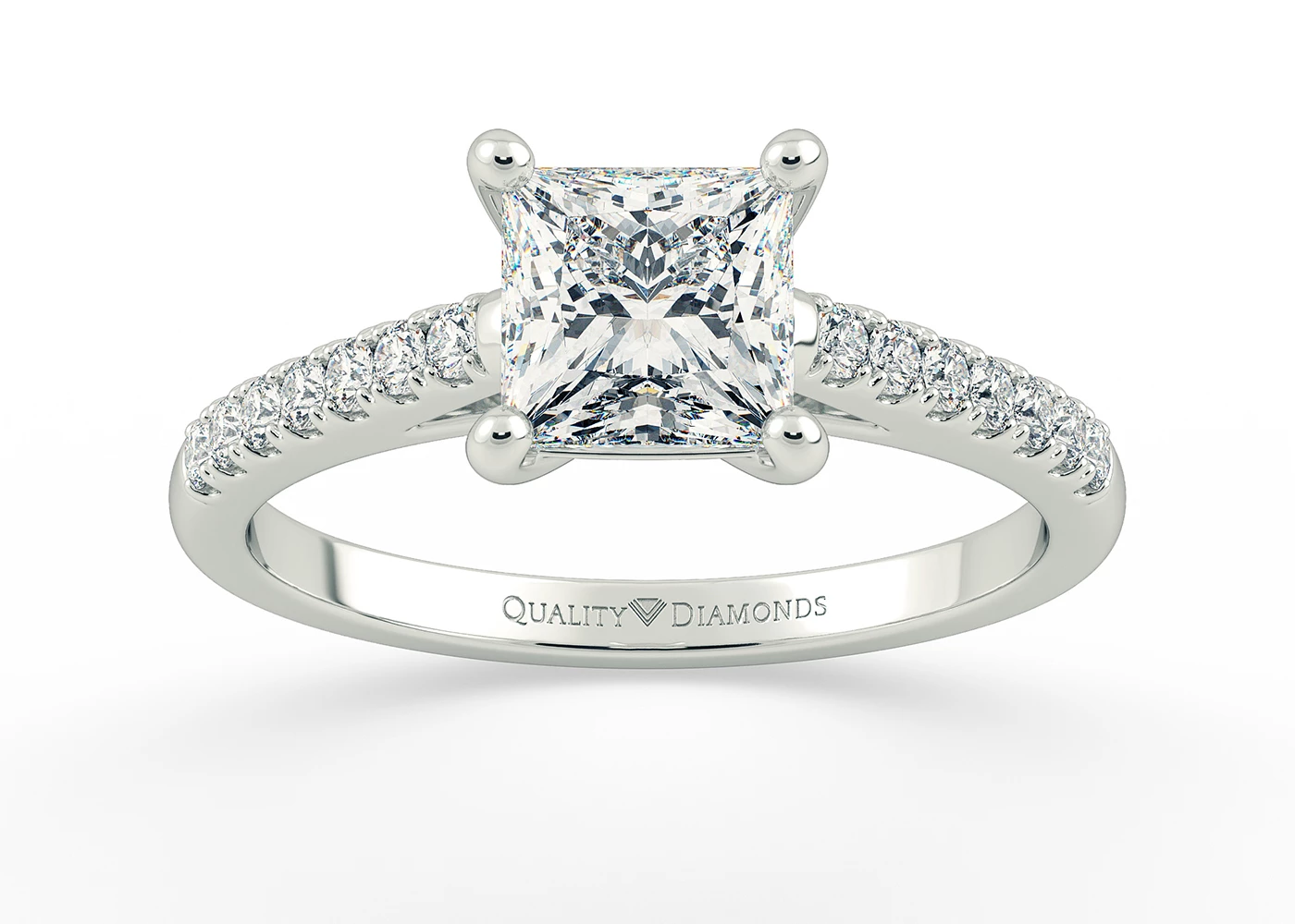 One Carat Lab Grown Princess Diamond Set Diamond Engagement Ring in 18K White Gold