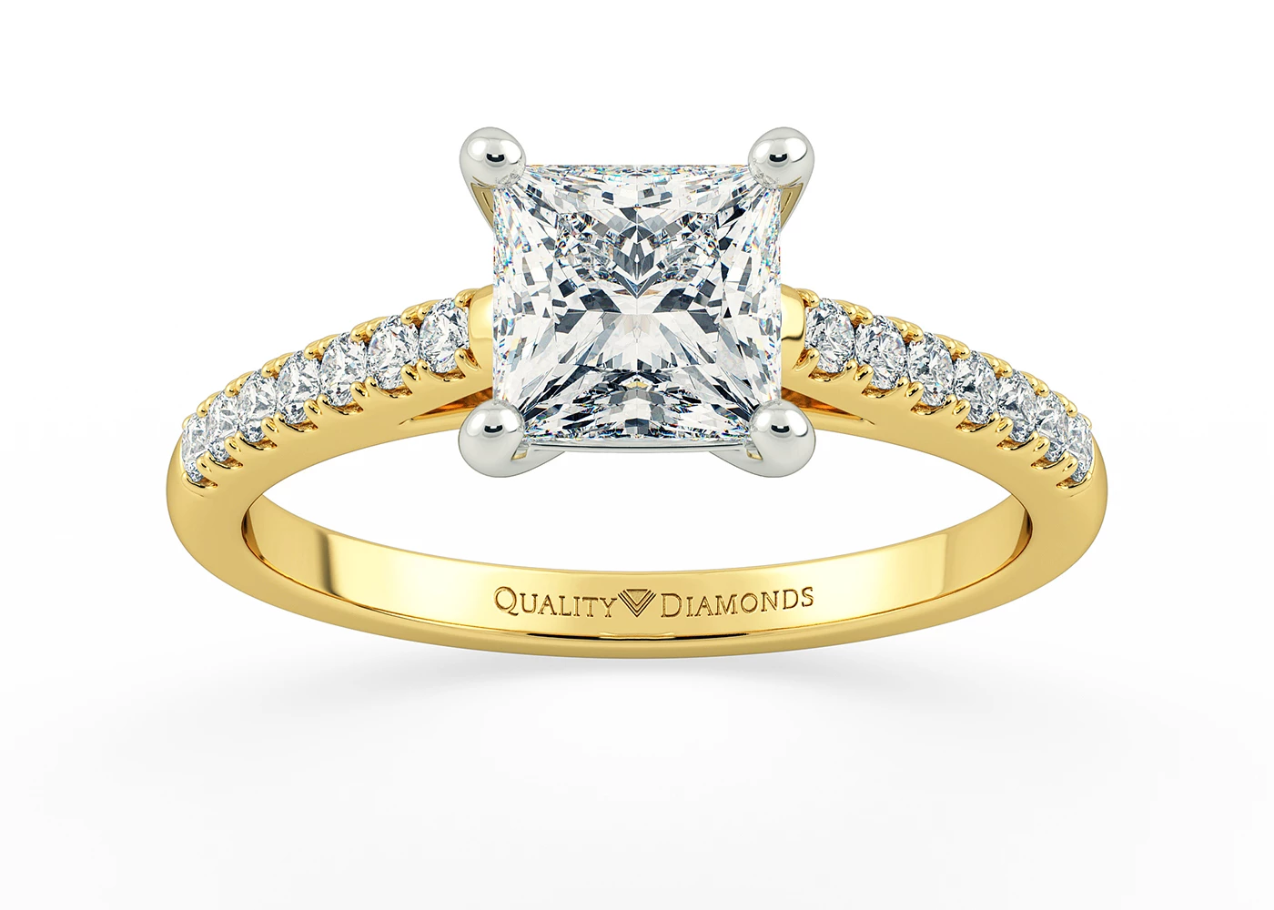 Two Carat Lab Grown Princess Diamond Set Diamond Engagement Ring in 18K Yellow Gold
