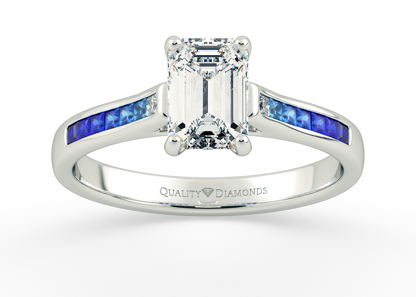 Blue Sapphire and Diamond Set Emerald Jiya Diamond Ring in Palladium