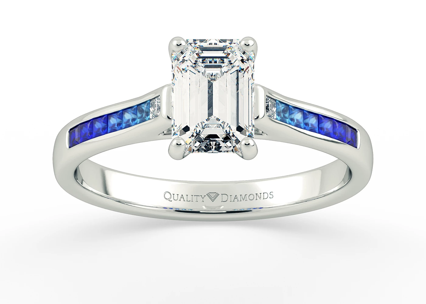 Blue Sapphire and Diamond Set Emerald Jiya Diamond Ring in 18K White Gold