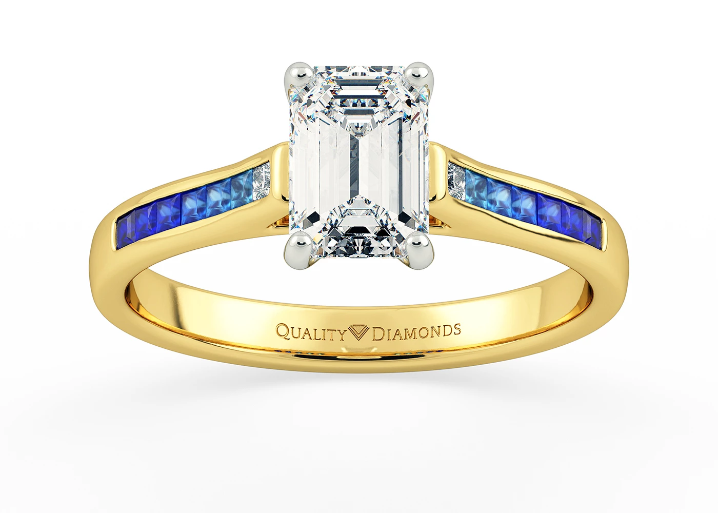 Blue Sapphire and Diamond Set Emerald Jiya Diamond Ring in 18K Yellow Gold