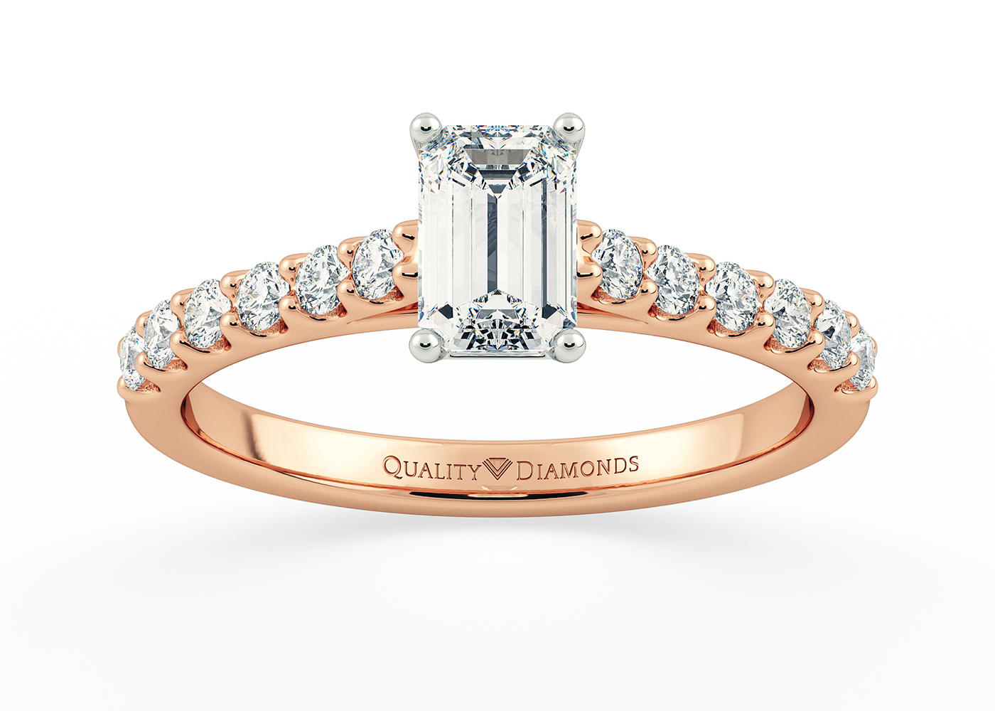 Two Carat Lab Grown Emerald Diamond Set Diamond Engagement Ring in 18K Rose Gold