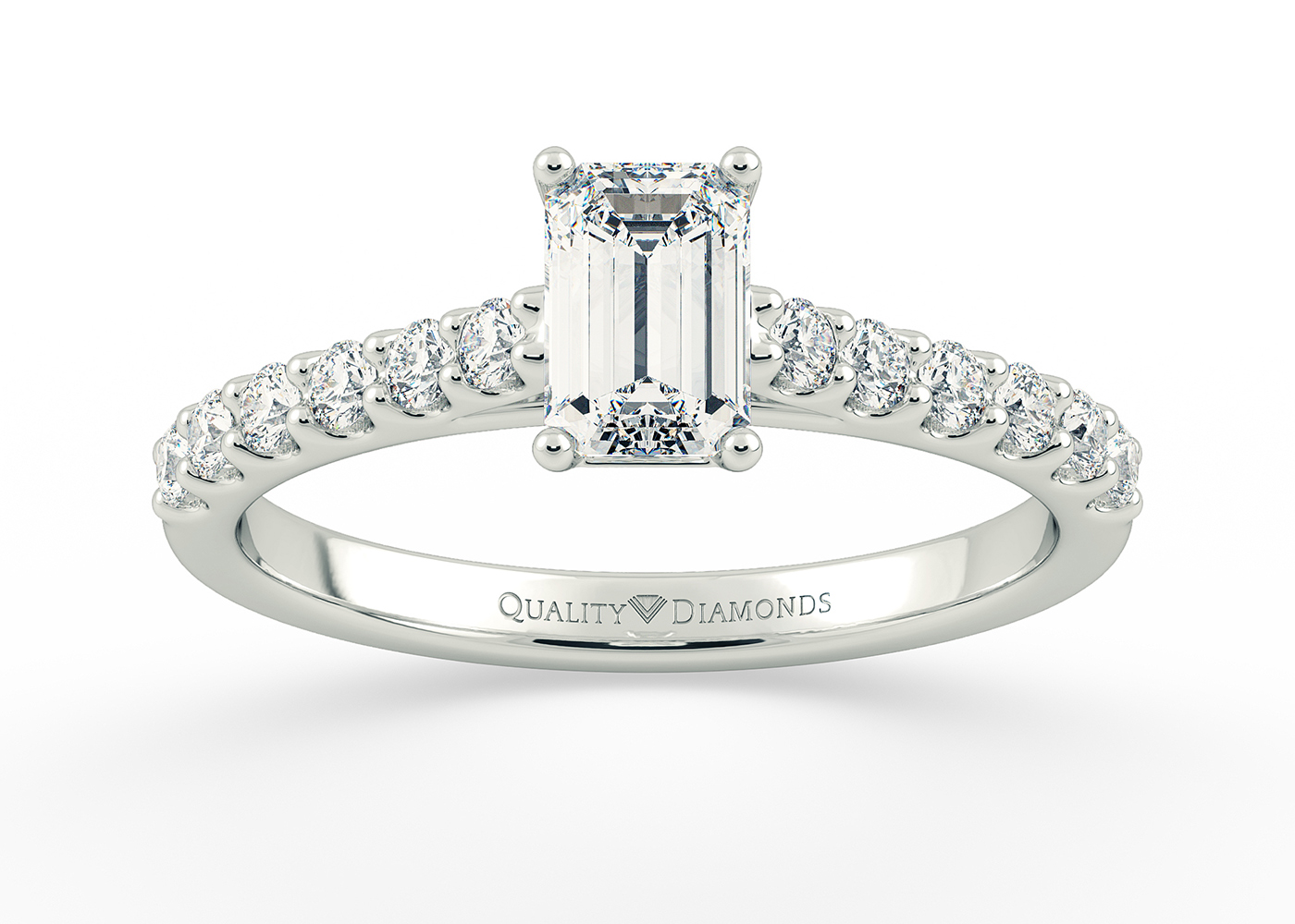Two Carat Emerald Diamond Set Diamond Engagement Ring in 9K White Gold