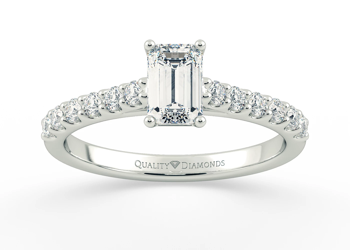 One Carat Emerald Diamond Set Diamond Engagement Ring in 18K White Gold