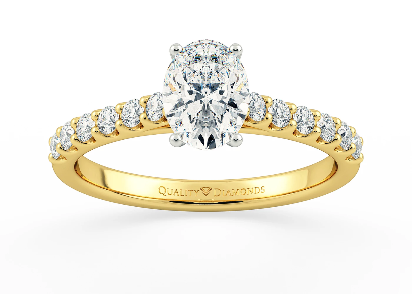 Two Carat Lab Grown Oval Diamond Set Diamond Engagement Ring in 18K Yellow Gold