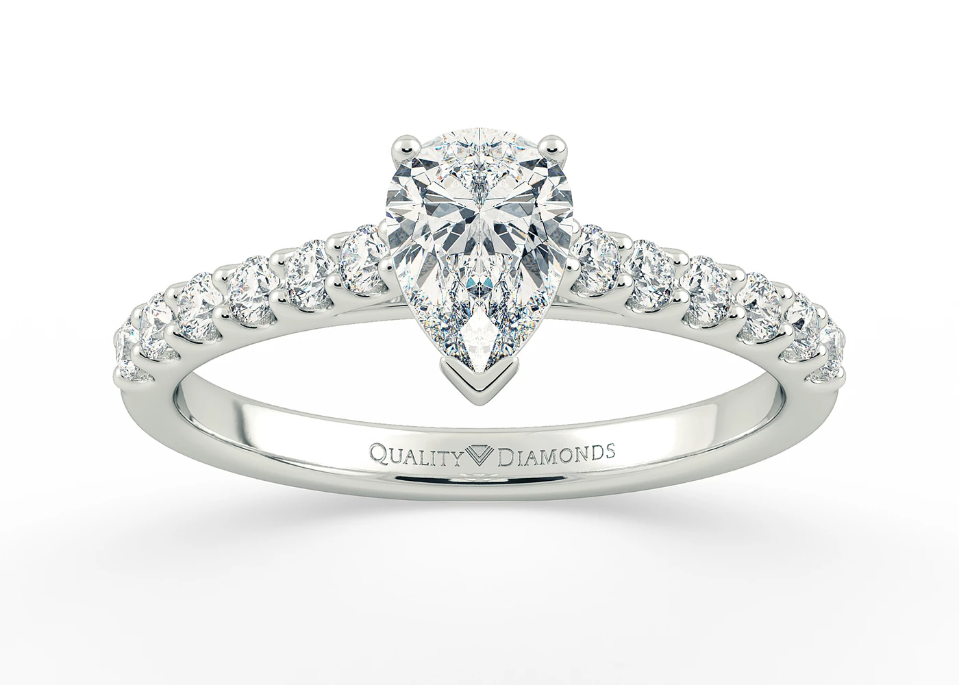 Two Carat Lab Grown Pear Diamond Set Diamond Engagement Ring in 18K White Gold