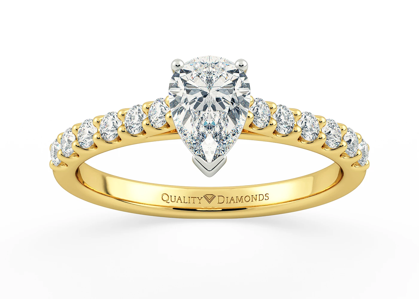 Two Carat Lab Grown Pear Diamond Set Diamond Engagement Ring in 18K Yellow Gold
