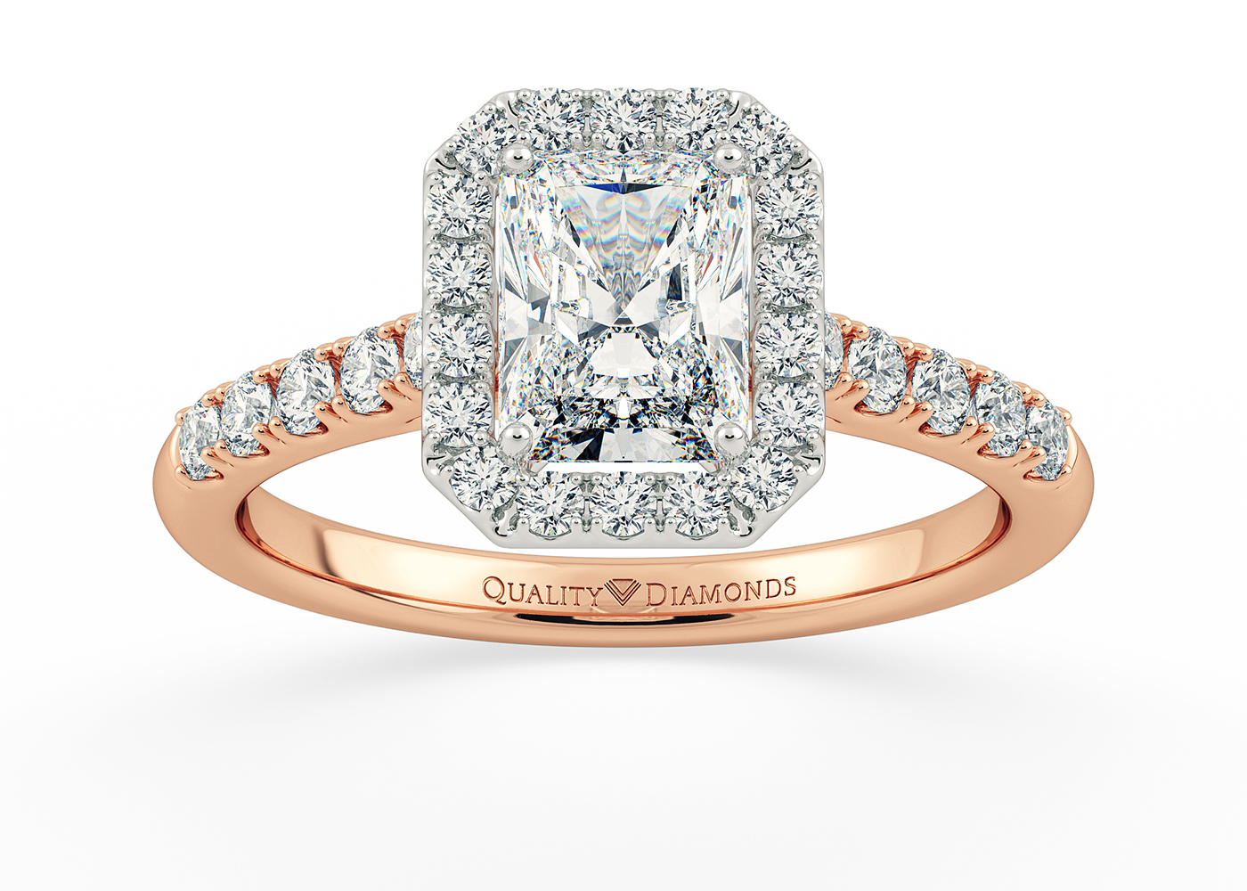 Two Carat Lab Grown Emerald Halo Diamond Ring in 18K Rose Gold