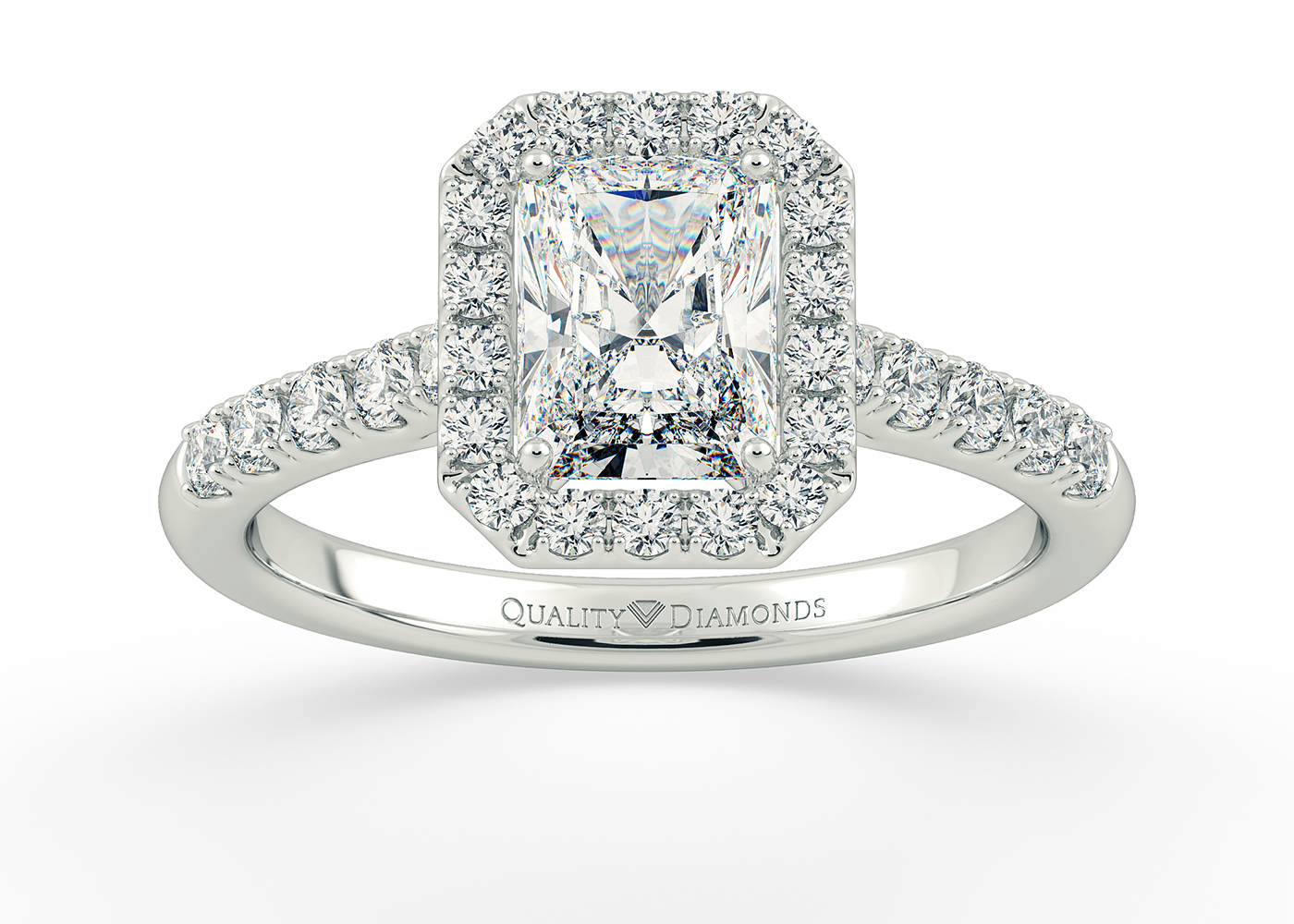 Half Carat Emerald Halo Diamond Ring in 18K White Gold