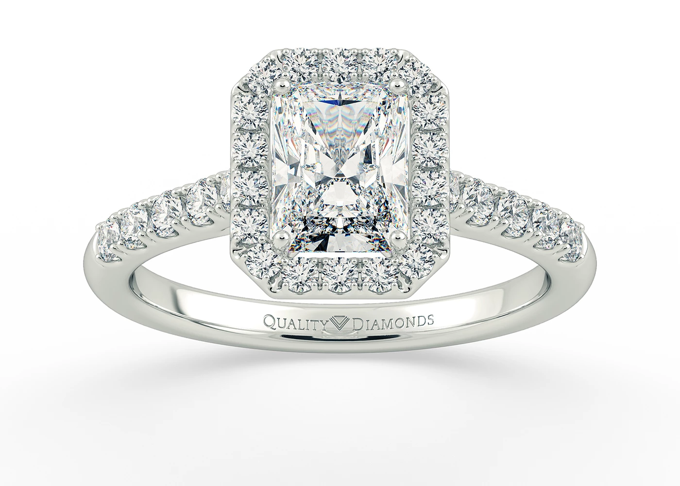 One Carat Lab Grown Emerald Halo Diamond Ring in 18K White Gold