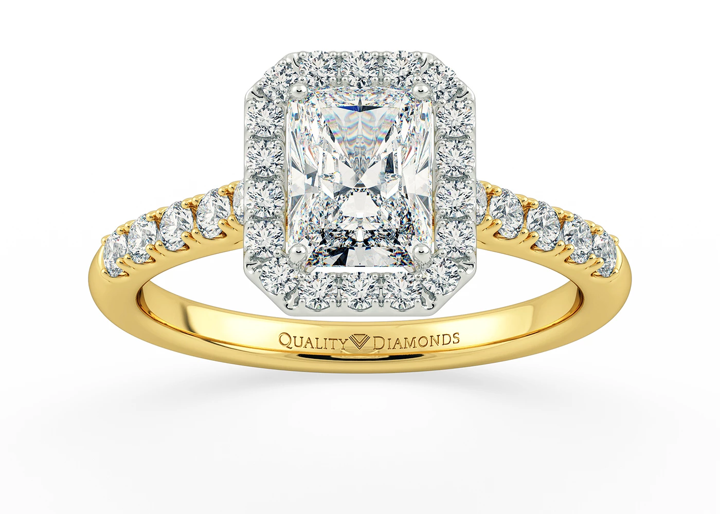 Two Carat Lab Grown Emerald Halo Diamond Ring in 18K Yellow Gold