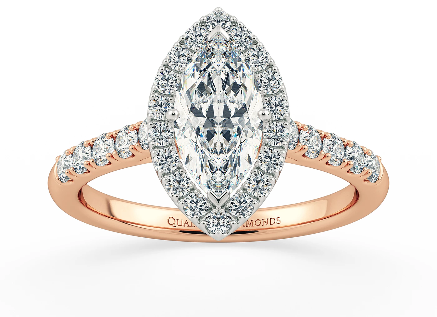 Two Carat Lab Grown Marquise Halo Diamond Ring in 18K Rose Gold