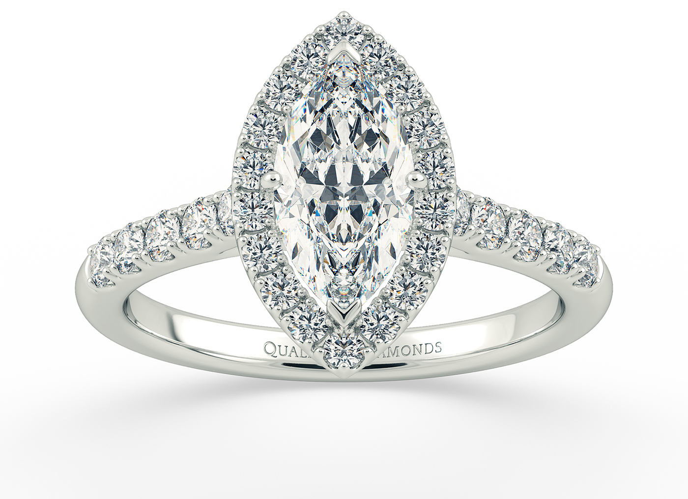 Two Carat Lab Grown Marquise Halo Diamond Ring in 18K White Gold