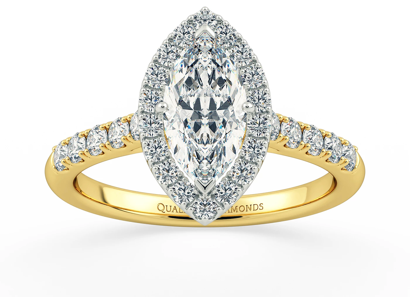 Two Carat Lab Grown Marquise Halo Diamond Ring in 18K Yellow Gold