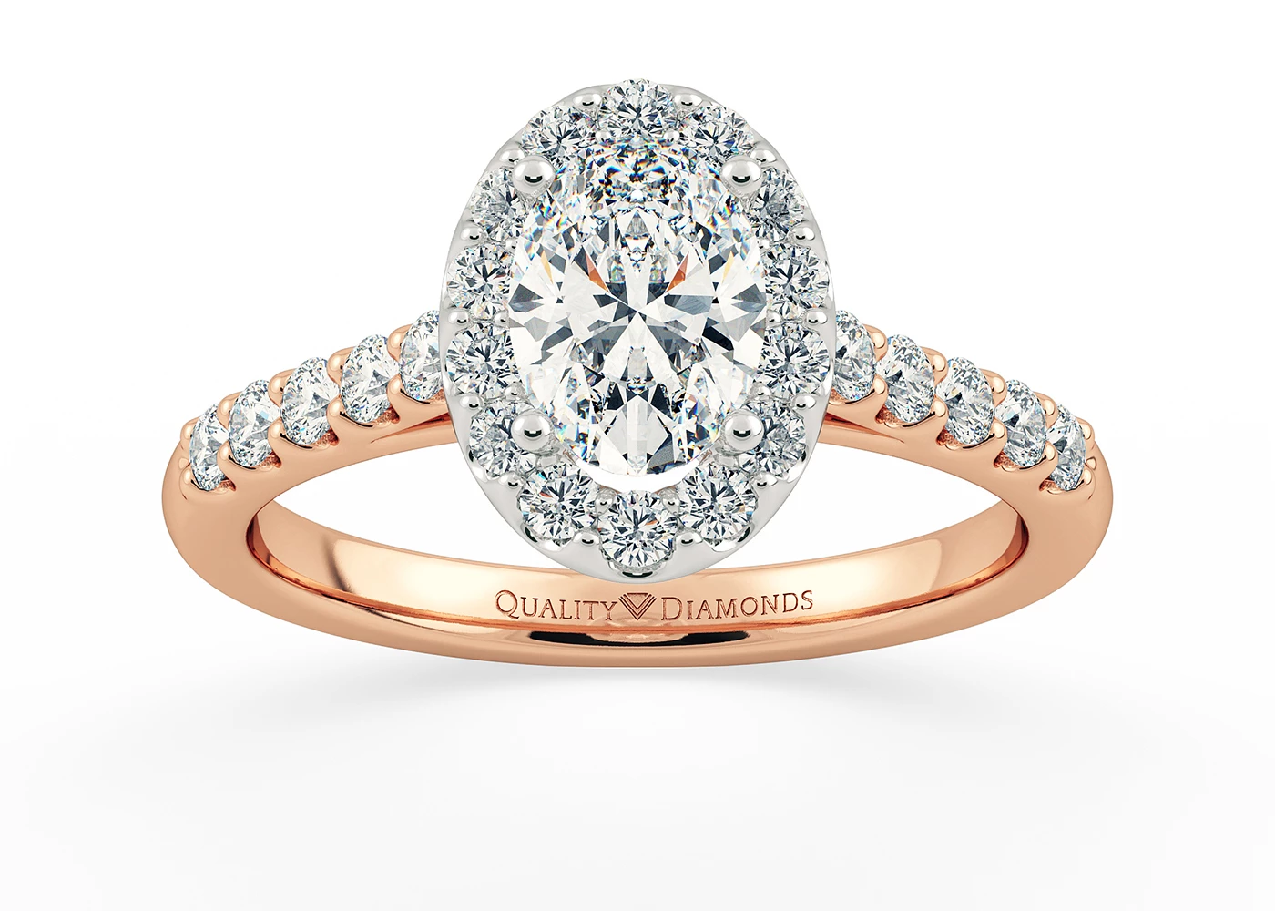 One Carat Oval Halo Diamond Ring in 18K Rose Gold