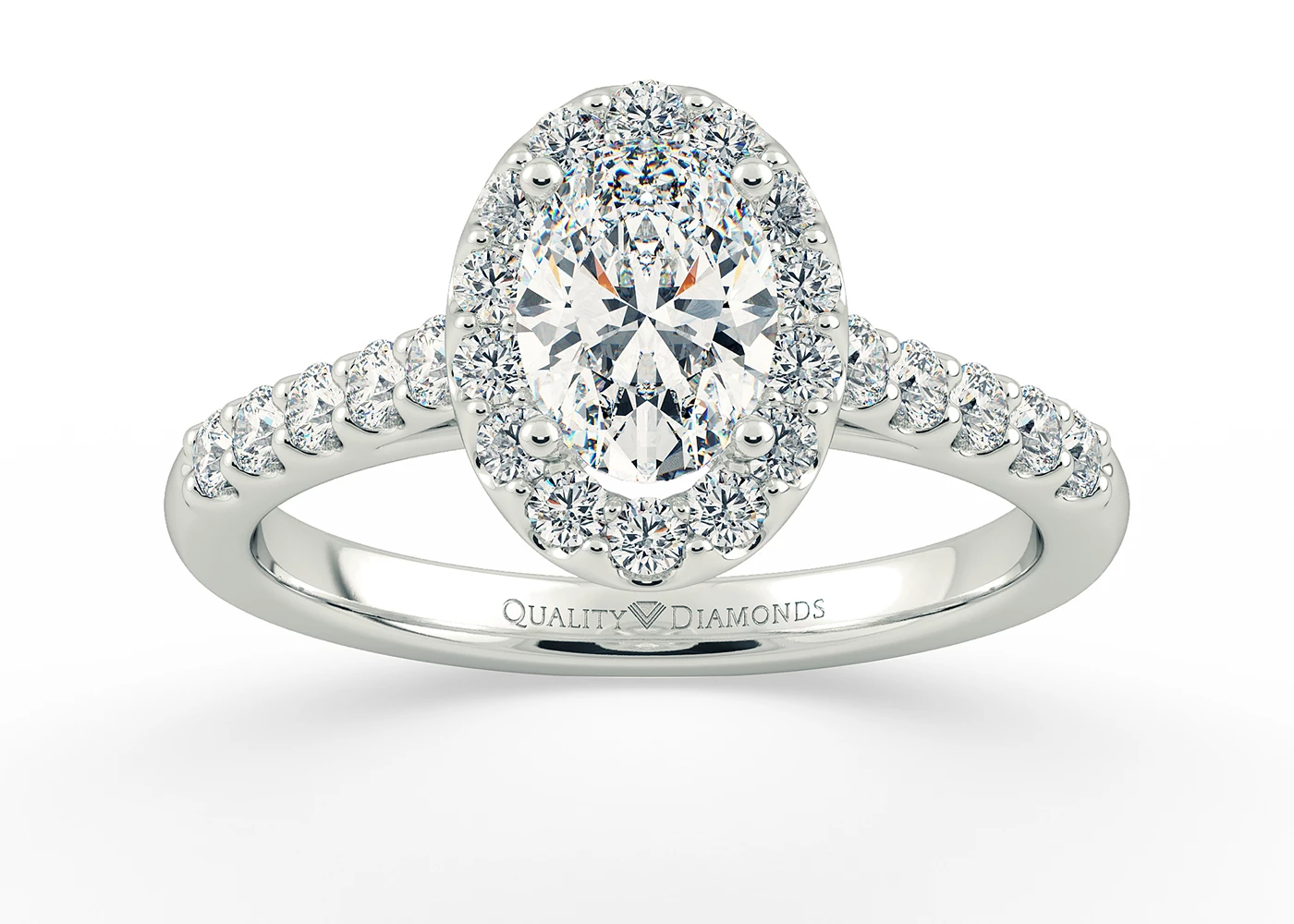 One Carat Lab Grown Oval Halo Diamond Ring in 9K White Gold