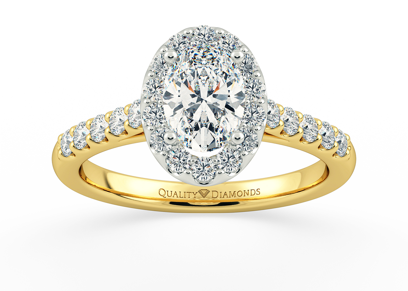 One Carat Lab Grown Oval Halo Diamond Ring in 18K Yellow Gold