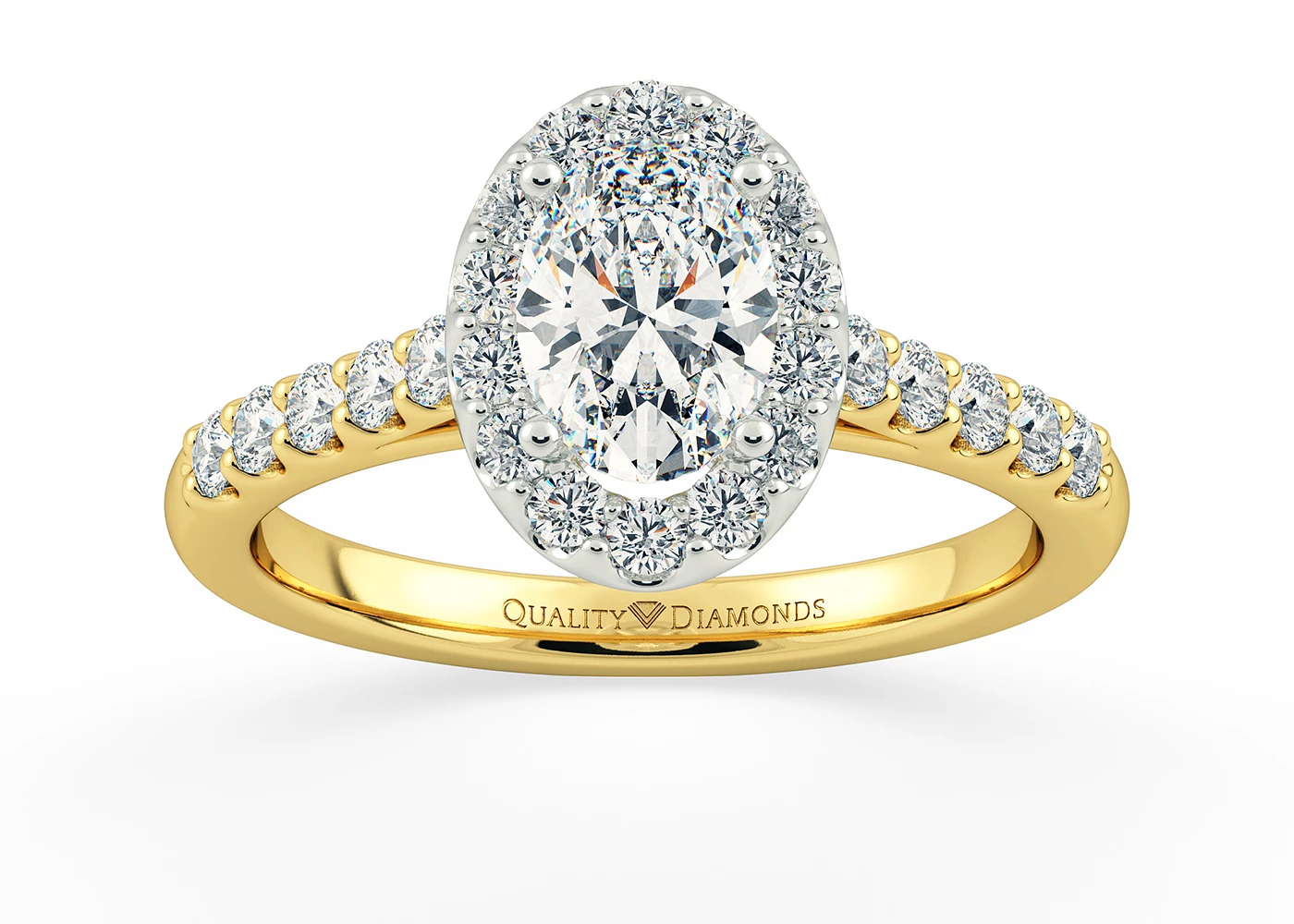 Two Carat Lab Grown Oval Halo Diamond Ring in 18K Yellow Gold