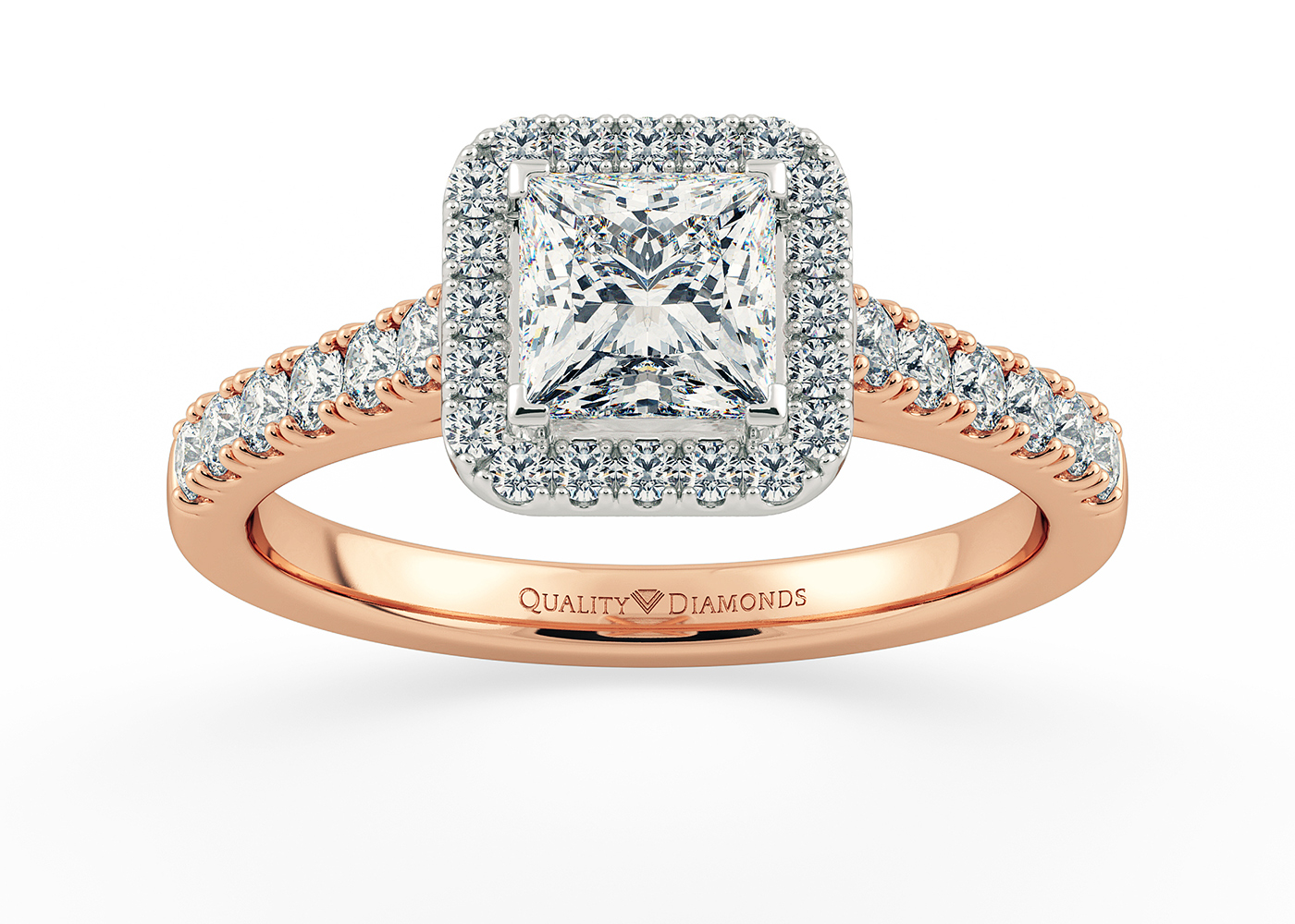 Two Carat Halo Princess Diamond Ring in 18K Rose Gold