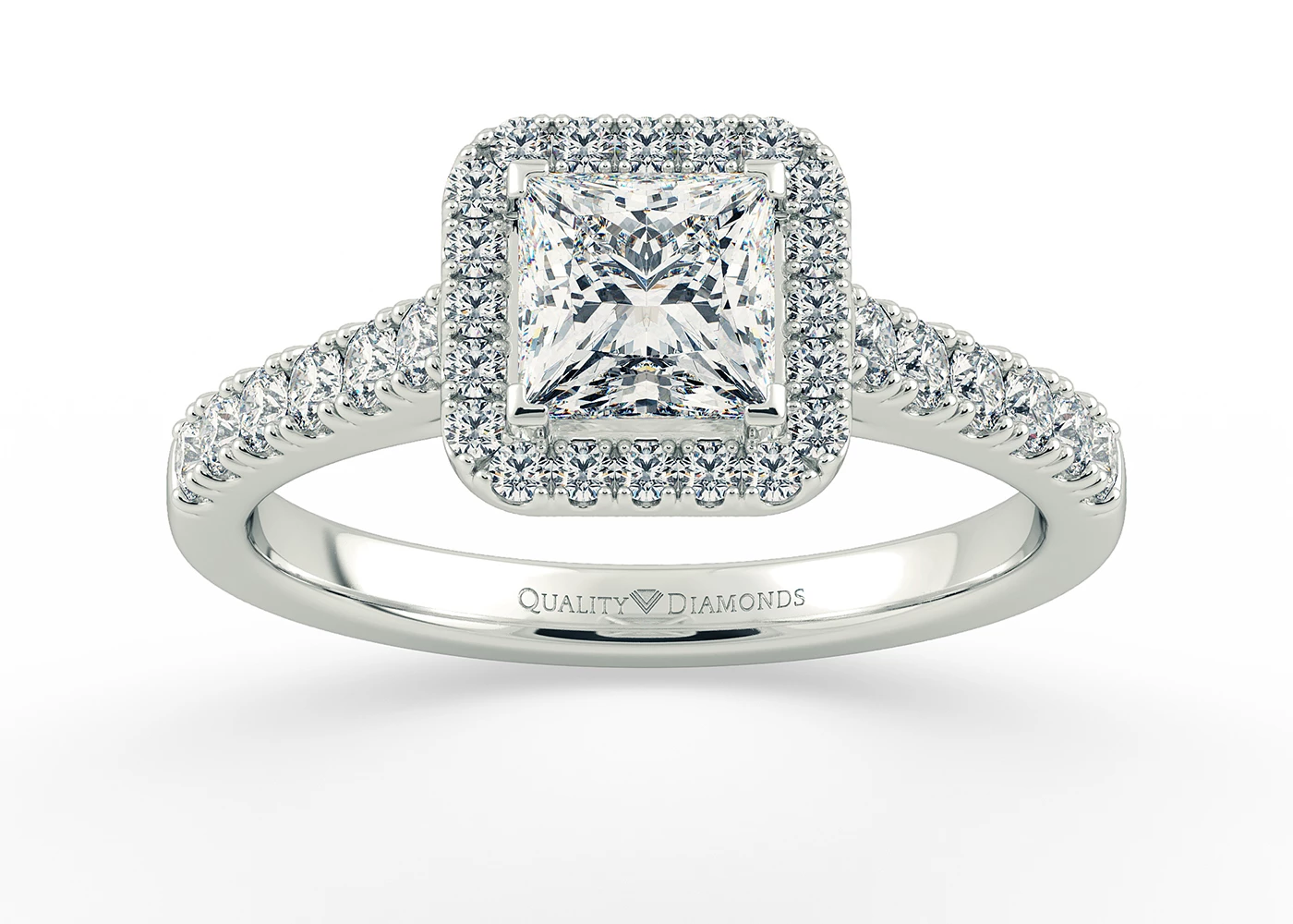 One Carat Lab Grown Princess Halo Diamond Ring in 18K White Gold