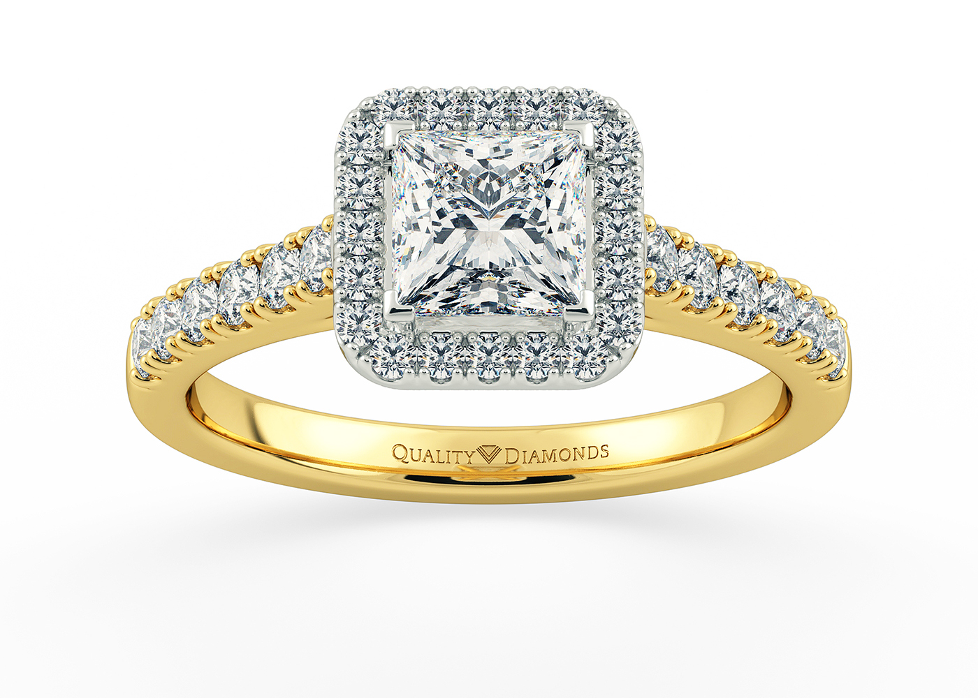 One Carat Princess Halo Diamond Ring in 18K Yellow Gold