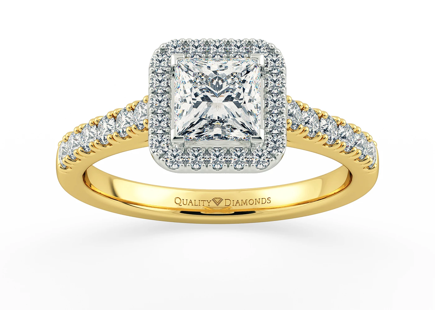 Two Carat Lab Grown Princess Halo Diamond Ring in 18K Yellow Gold