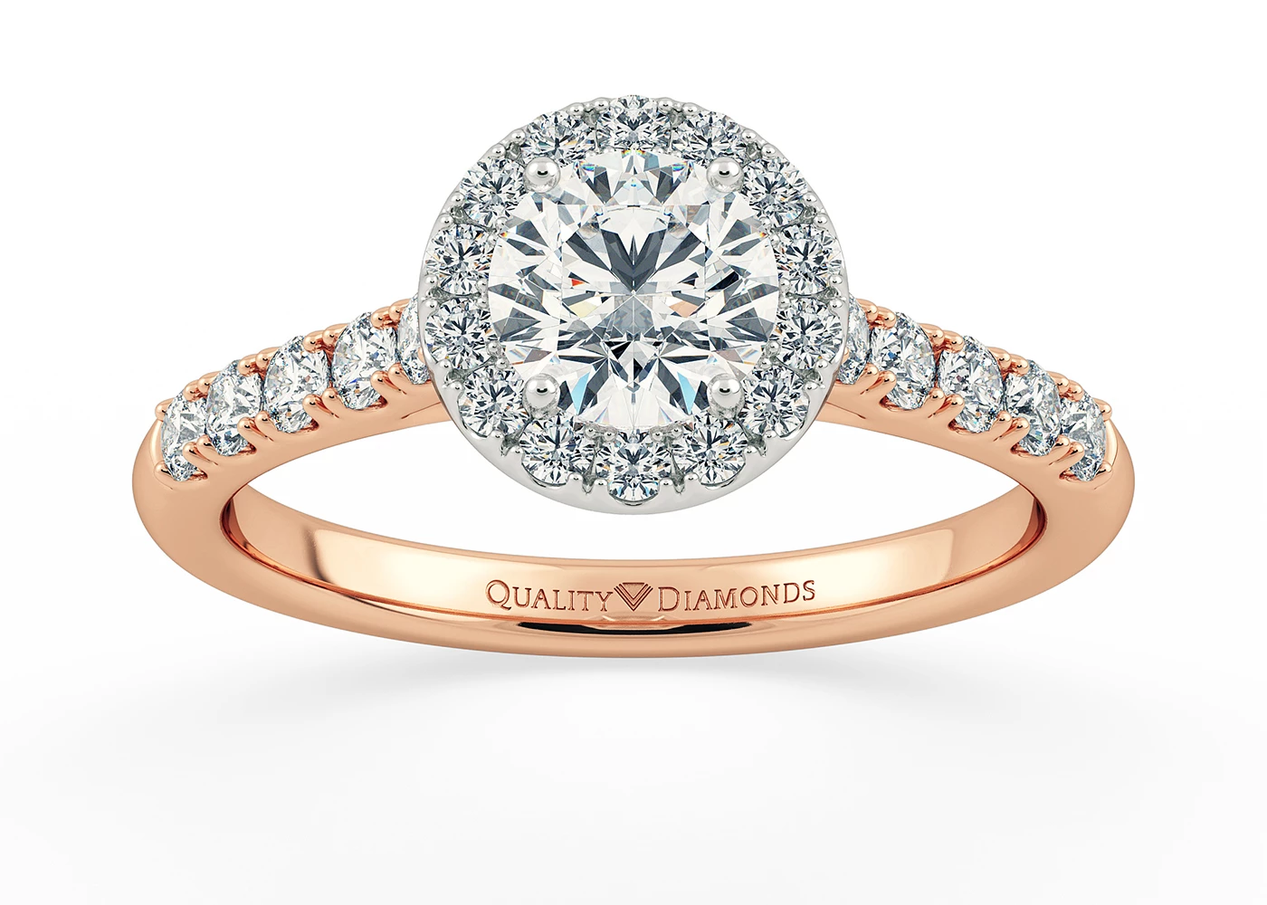 One Carat Lab Grown Round Brilliant Halo Diamond Ring in 18K Rose Gold
