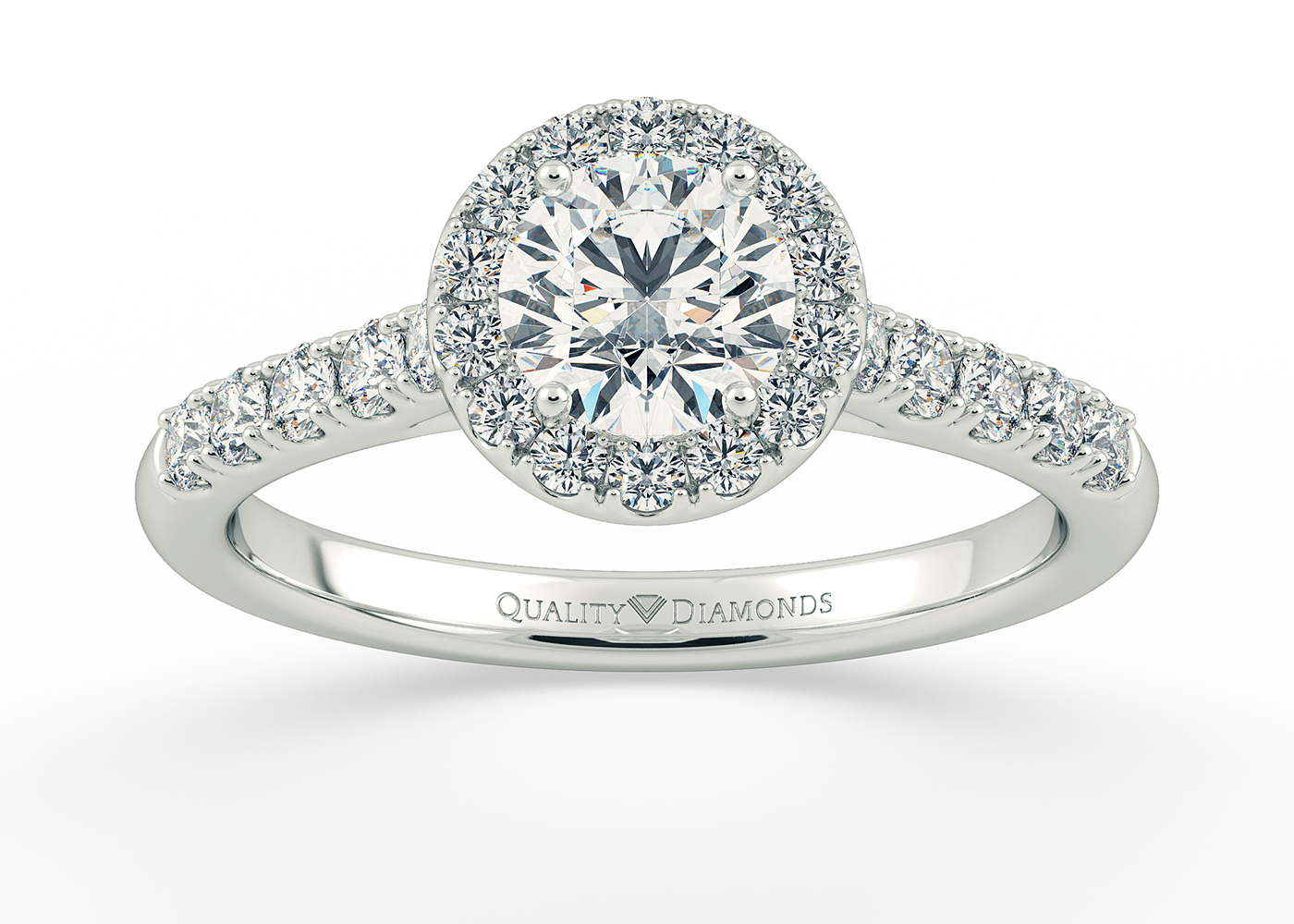 One Carat Lab Grown Round Brilliant Halo Diamond Ring in 9K White Gold