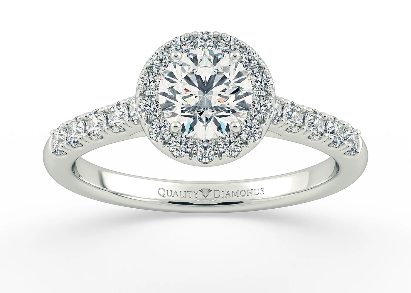 One Carat Lab Grown Round Brilliant Halo Diamond Ring in 18K White Gold