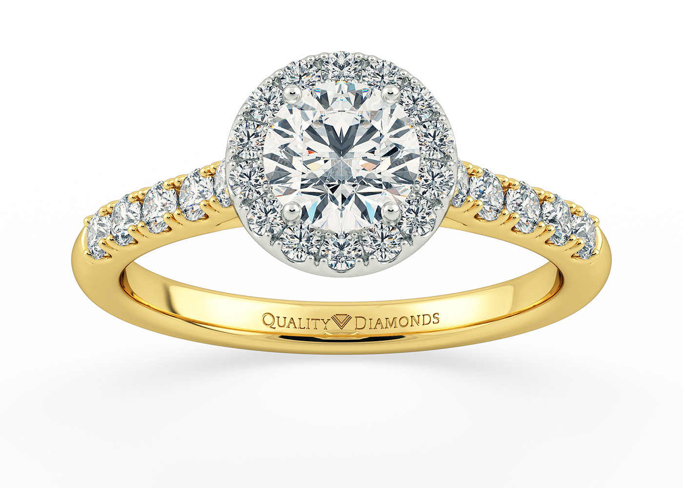 Two Carat Halo Round Brilliant Diamond Ring in 18K Yellow Gold
