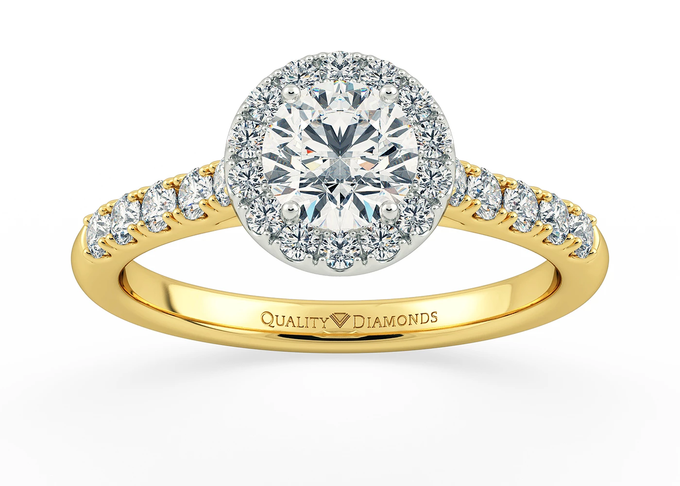 Two Carat Lab Grown Round Brilliant Halo Diamond Ring in 18K Yellow Gold