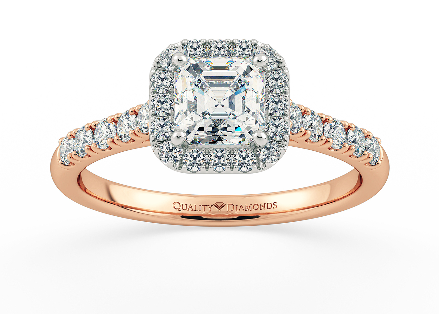 Two Carat Lab Grown Asscher Halo Diamond Ring in 18K Rose Gold
